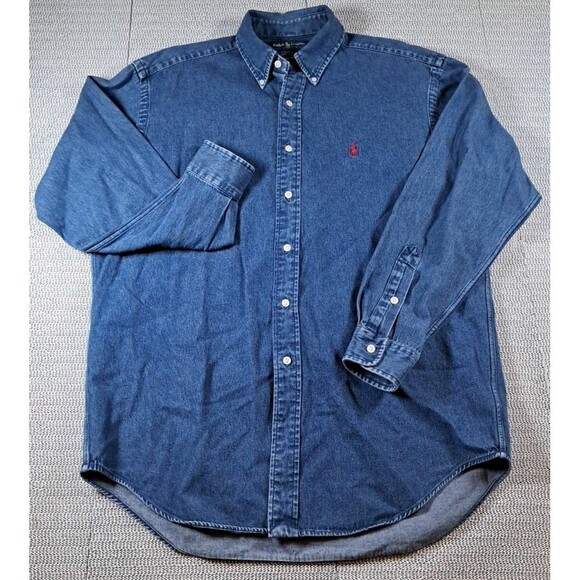 VTG Ralph Lauren Blake Denim Shirt Men's Medium Red Pony Logo Button Down Cotton - Picture 1 of 4